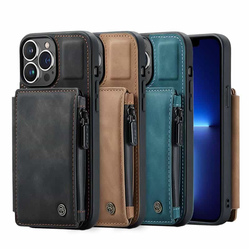 For Apple iPhone 151413 13 Pro 13 Pro Max 13 Mini CaseMe Back Zipper Wallet Case W 3 Card Slots, RFID Blocking, 1 Money Pocket, Credit Card Holder Leather Cover