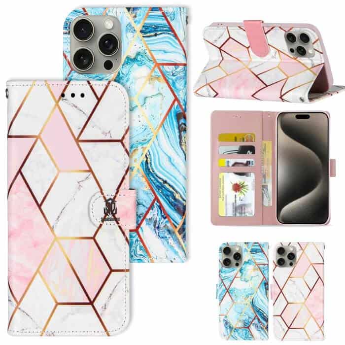 For Apple iPhone 1515 Pro15 Pro Max 15 Plus Case SupRShield Marble Painting Pattern Flip Wallet Leather Card Slots Shockproof Cover