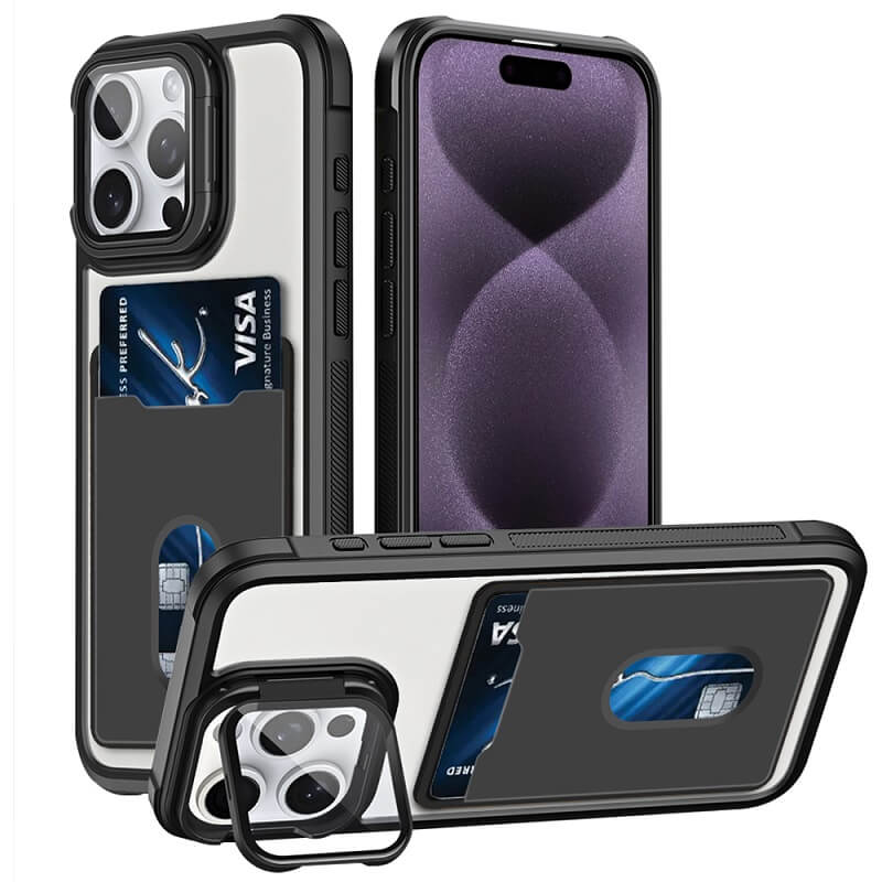 For Apple iPhone 16151413 Pro Max Plus Hard Back Wallet Card Holder Mobile Camera Stand Phone Case Cover