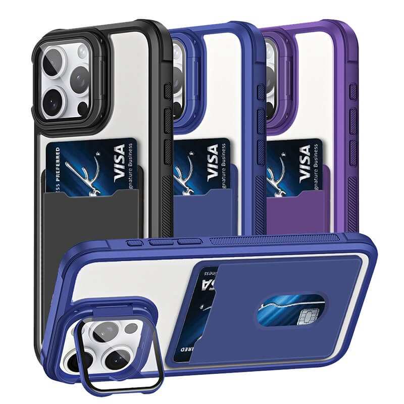 For Apple iPhone 16151413 Pro Max Plus Hard Back Wallet Card Holder Mobile Camera Stand Phone Case Cover