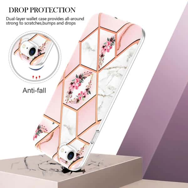 For Apple iPhone SE 2022 2020 7 8 Case Hard back Marble Pattern Slim Design Enhanced Camera and Screen Protection Girls and Women Cover (Pink Flower)