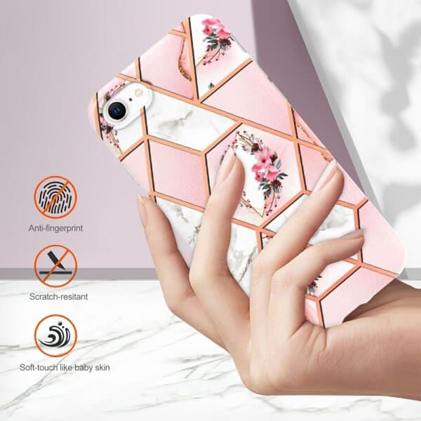 For Apple iPhone SE 2022 2020 7 8 Case Hard back Marble Pattern Slim Design Enhanced Camera and Screen Protection Girls and Women Cover (Pink Flower)