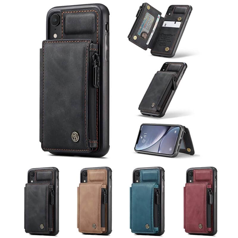 For Apple iPhone X XS XR CaseMe Back Zipper Wallet Case W 3 Card Slots, RFID Blocking, 1 Money Pocket, Credit Card Holder Leather Cover