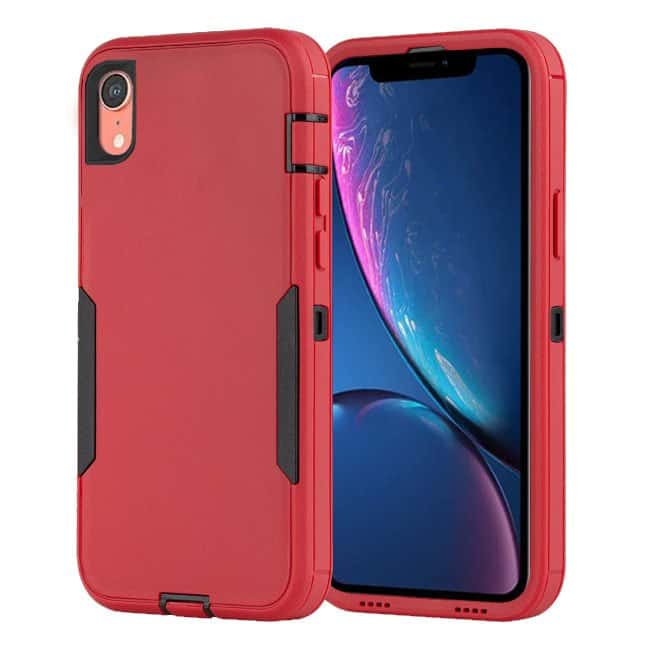 For Apple iPhone XR 3in1 Case Drop Resistant Defender Tradies Hybrid Armor Heavy Duty Rugged Shockproof Tough Cover (Red)