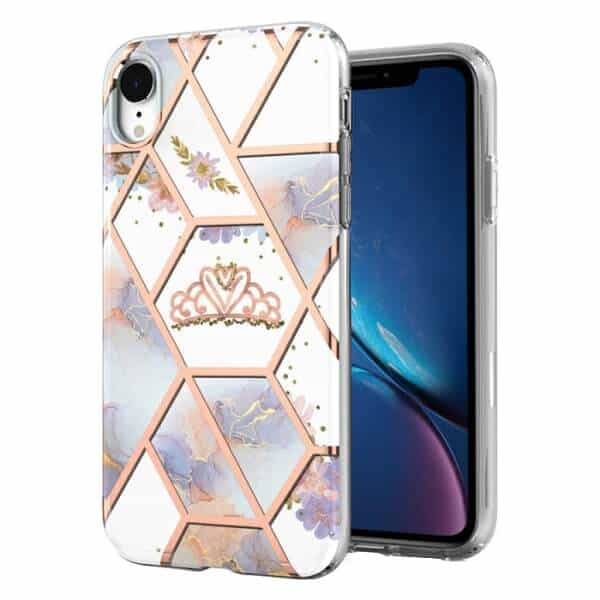 For Apple iPhone XR Case Hard back Marble Pattern Slim Design Enhanced Camera and Screen Protection Girls and Women Cover (Crown)