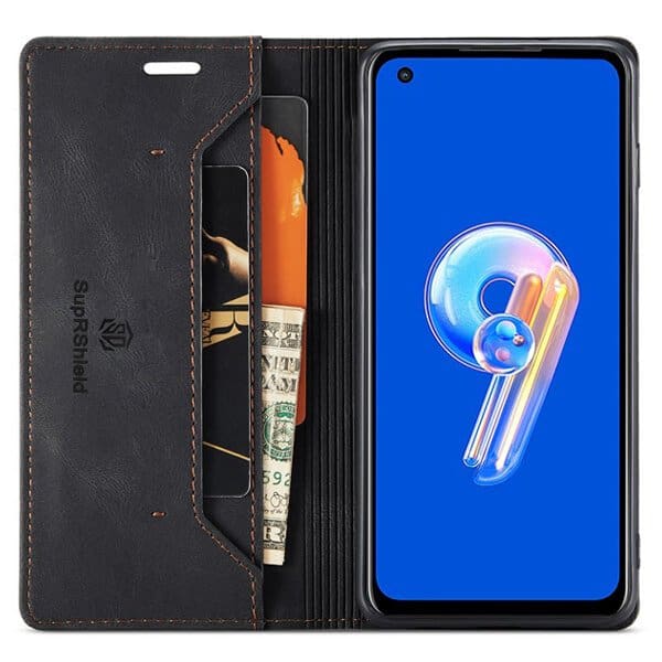 For Asus Zenfone 9 Case RFID Blocking Retro Flip Premium Leather Card Holder Wallet Cover - (Black)