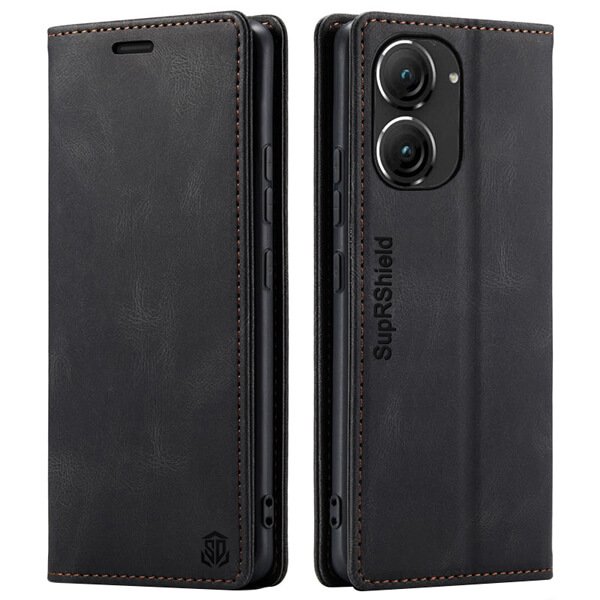 For Asus Zenfone 9 Case RFID Blocking Retro Flip Premium Leather Card Holder Wallet Cover - (Black)