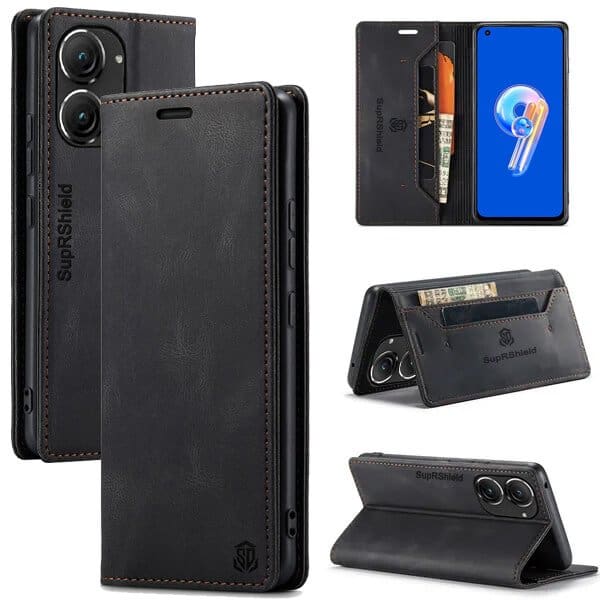 For Asus Zenfone 9 Case RFID Blocking Retro Flip Premium Leather Card Holder Wallet Cover - (Black)