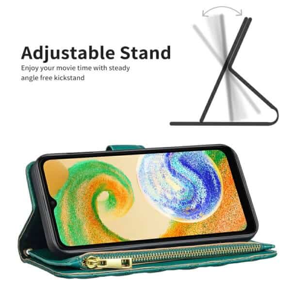 For For Samsung Galaxy A04S A13 4G 5G Diamond Quilted Leather Zipper Wallet Flip Case with 9 Card Slots and Lanyard Cover - Green