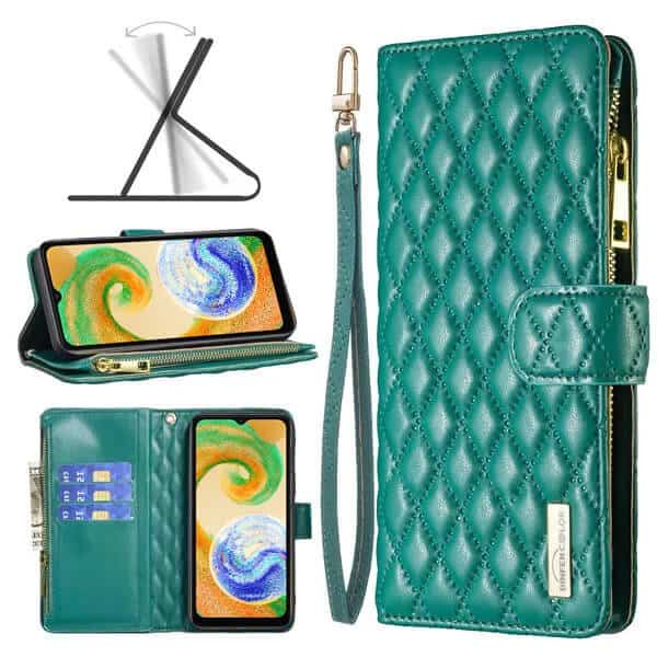 For For Samsung Galaxy A04S A13 4G 5G Diamond Quilted Leather Zipper Wallet Flip Case with 9 Card Slots and Lanyard Cover - Green