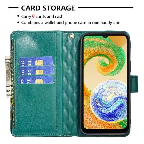 For For Samsung Galaxy A04S A13 4G 5G Diamond Quilted Leather Zipper Wallet Flip Case with 9 Card Slots and Lanyard Cover - Green