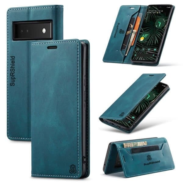For Google Pixel 6A Case RFID Blocking Retro Flip Premium Leather Card Holder Wallet Cover - (Cyan Blue)