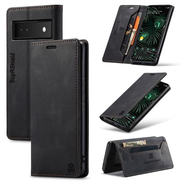 For Google Pixel 6a Case RFID Blocking Retro Flip Premium Leather Card Holder Wallet Cover - (Black)