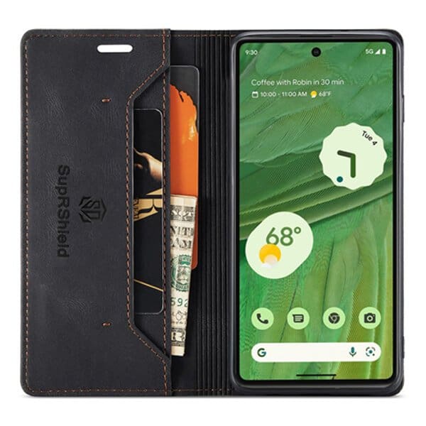 For Google Pixel 7 Case RFID Blocking Retro Flip Premium Leather Card Holder Wallet Cover - (Black)