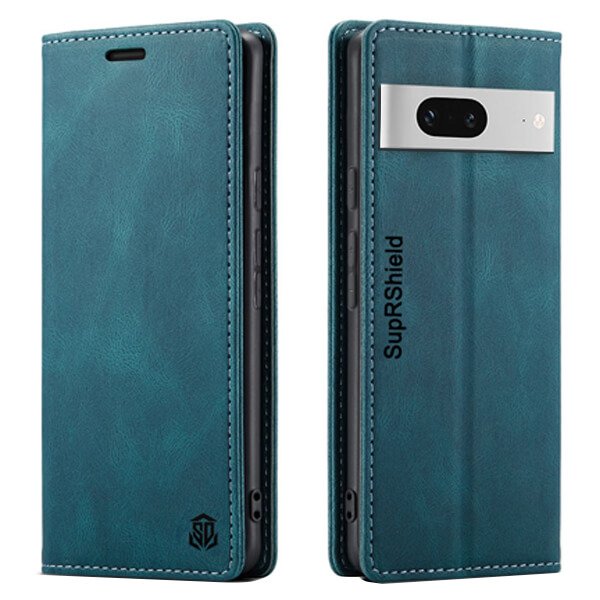 For Google Pixel 7 Case RFID Blocking Retro Flip Premium Leather Card Holder Wallet Cover - (Cyan Blue)