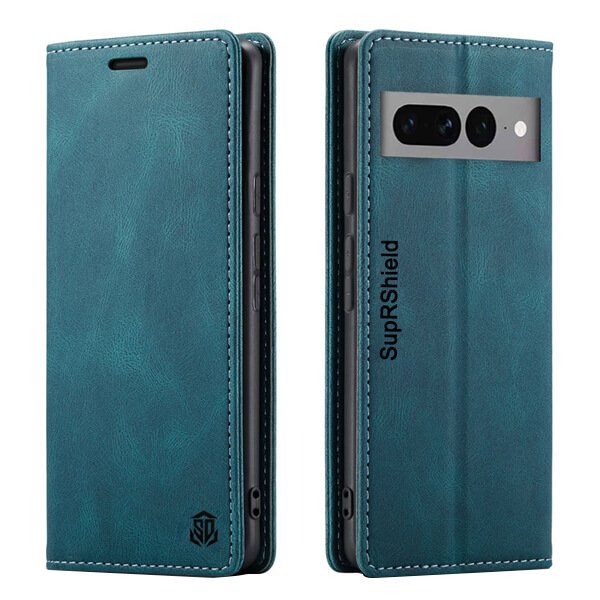 For Google Pixel 7 Pro Case RFID Blocking Retro Flip Premium Leather Card Holder Wallet Cover - (Cyan Blue)