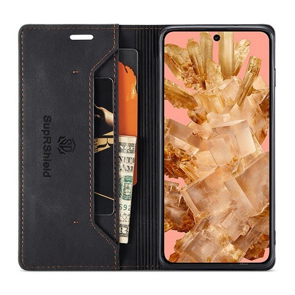 For Google Pixel 8 Case RFID Blocking Retro Flip Premium Leather Card Holder Wallet Cover - (Black)