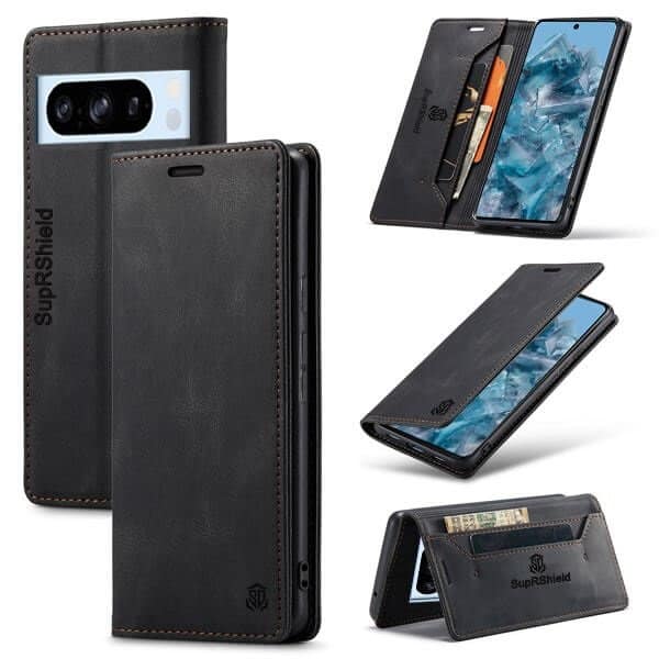 For Google Pixel 8 Pro Case RFID Blocking Retro Flip Premium Leather Card Holder Wallet Cover - (Black)