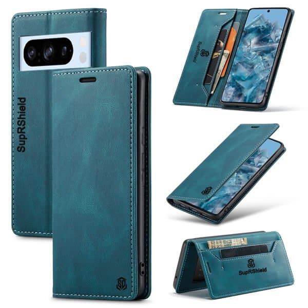 For Google Pixel 8 Pro Case RFID Blocking Retro Flip Premium Leather Card Holder Wallet Cover - (Cyan Blue)