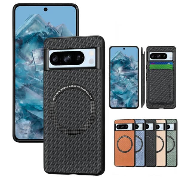 For Google Pixel 8 Pro MagSafe Card Holder, Carbon Fiber, Detachable Magnetic Wallet Slot Case Cover