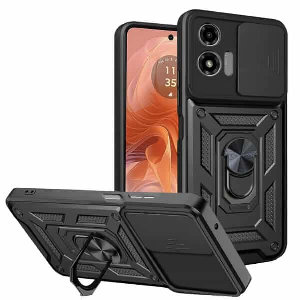 For Motorola Moto G04G24G34 Anti Scratch Rugged Magnetic Car Mount Ring Shockproof Heavy Duty Cover (Black)