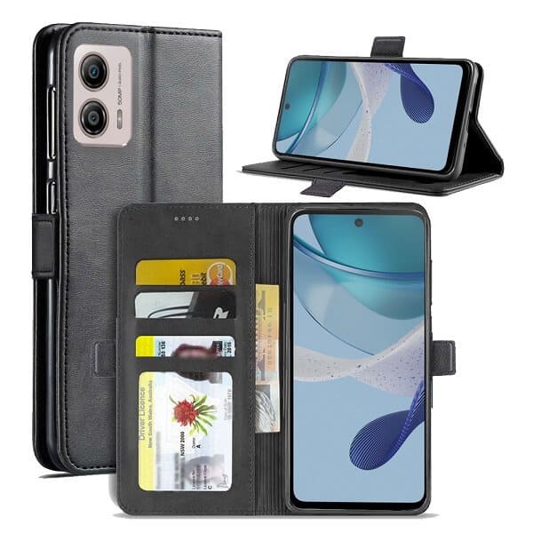 For Motorola Moto G53 5G SupRShield Wallet Leather Card Holder Flip Protective Shockproof Case Cover (Black)