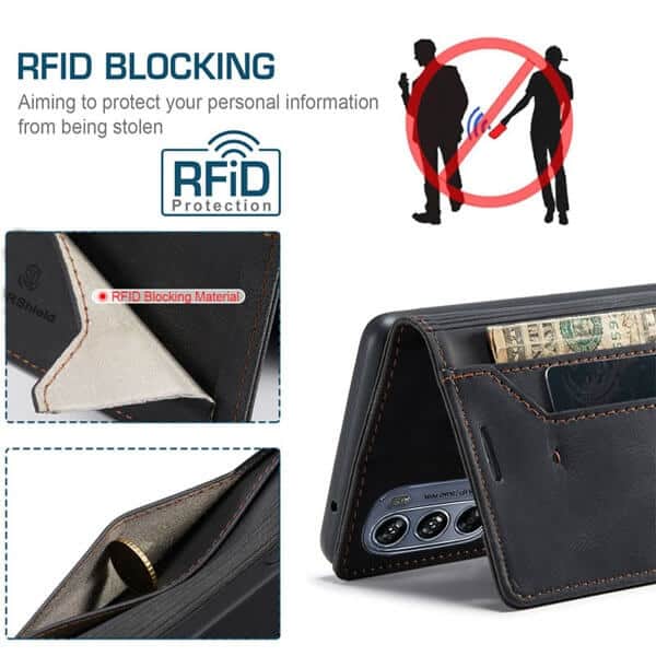 For Motorola Moto G62 5G Case RFID Blocking Retro Flip Premium Leather Card Holder Wallet Cover - (Black)