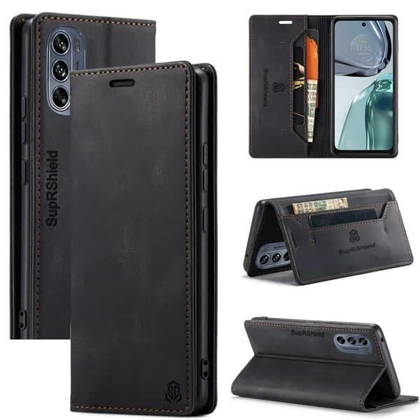 For Motorola Moto G62 5G Case RFID Blocking Retro Flip Premium Leather Card Holder Wallet Cover - (Black)