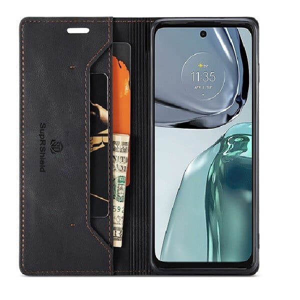 For Motorola Moto G62 5G Case RFID Blocking Retro Flip Premium Leather Card Holder Wallet Cover - (Black)