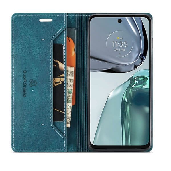 For Motorola Moto G62 5G Case RFID Blocking Retro Flip Premium Leather Card Holder Wallet Cover - (Cyan Blue)