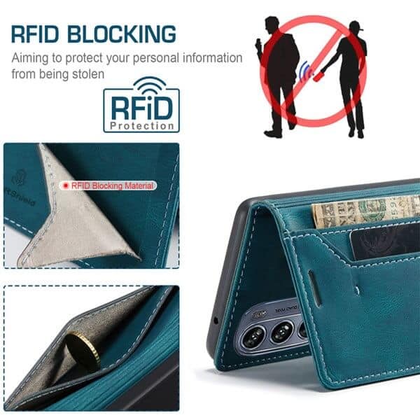 For Motorola Moto G62 5G Case RFID Blocking Retro Flip Premium Leather Card Holder Wallet Cover - (Cyan Blue)