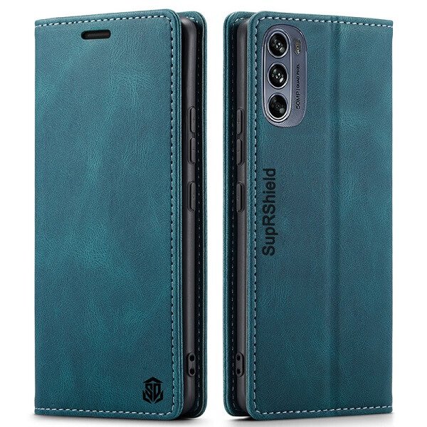 For Motorola Moto G62 5G Case RFID Blocking Retro Flip Premium Leather Card Holder Wallet Cover - (Cyan Blue)