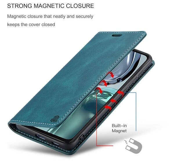 For Motorola Moto G62 5G Case RFID Blocking Retro Flip Premium Leather Card Holder Wallet Cover - (Cyan Blue)