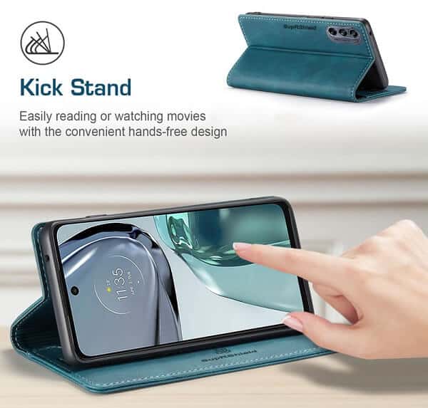 For Motorola Moto G62 5G Case RFID Blocking Retro Flip Premium Leather Card Holder Wallet Cover - (Cyan Blue)
