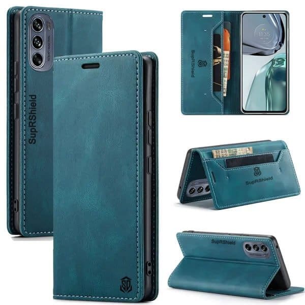 For Motorola Moto G62 5G Case RFID Blocking Retro Flip Premium Leather Card Holder Wallet Cover - (Cyan Blue)
