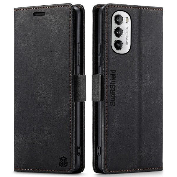 For Motorola Moto G82 5G Case RFID Blocking Retro Flip Premium Leather Card Holder Wallet Cover – (Black)