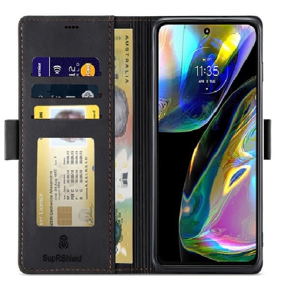 For Motorola Moto G82 5G Case RFID Blocking Retro Flip Premium Leather Card Holder Wallet Cover – (Black)