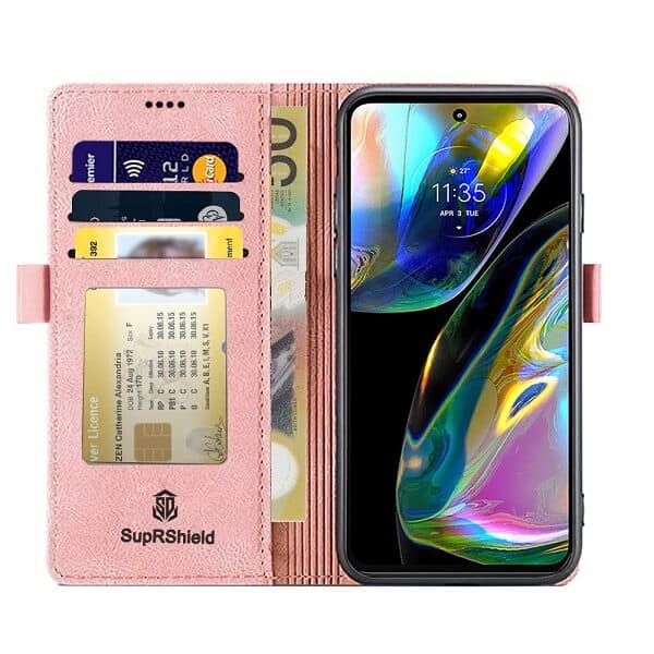 For Motorola Moto G82 5G Case RFID Blocking Retro Flip Premium Leather Card Holder Wallet Cover – (Rose Gold)
