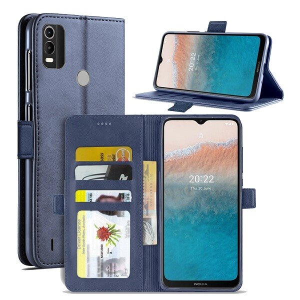 For Nokia C21 Plus SupRShield Wallet Leather Card Holder Flip Protective Shockproof Magnetic Case Cover (Navy Blue)