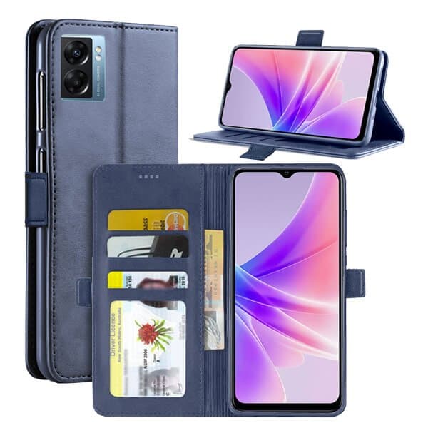 For Oppo A77 5G Case RFID Blocking Retro Flip Premium Leather Card Holder Wallet Cover – (Navy Blue)