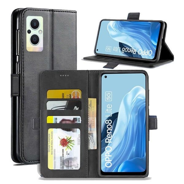 For Oppo Reno 8 Lite 5G Case RFID Blocking Retro Flip Premium Leather Card Holder Wallet Cover – (Black)