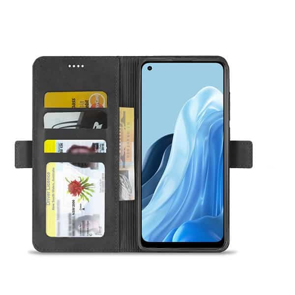 For Oppo Reno 8 Lite 5G Case RFID Blocking Retro Flip Premium Leather Card Holder Wallet Cover – (Black)