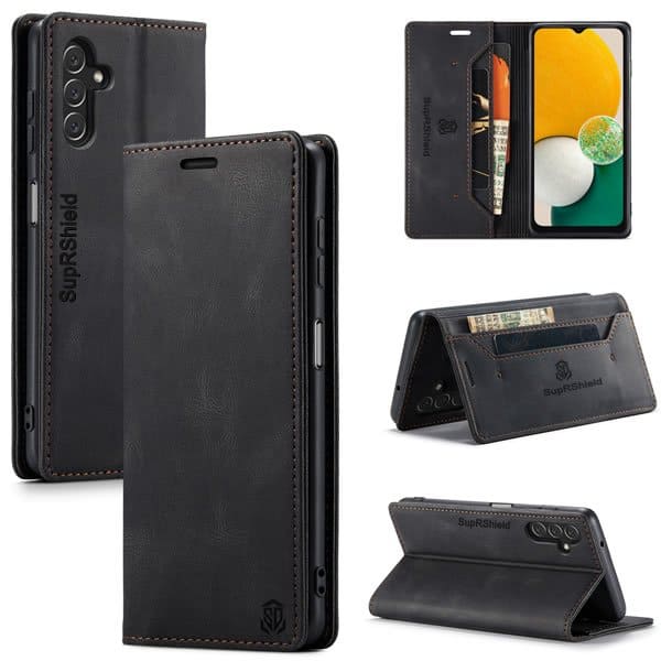 For Samsung Galaxy A13 5G Case RFID Blocking Retro Flip Premium Leather Card Holder Wallet Cover - (Black)