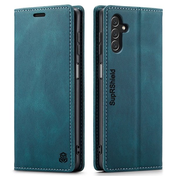 For Samsung Galaxy A13 5G Case RFID Blocking Retro Flip Premium Leather Card Holder Wallet Cover - (Cyan Blue)