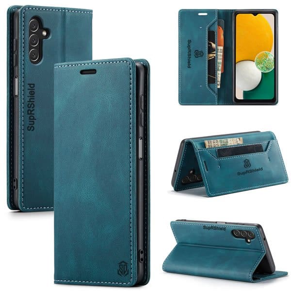 For Samsung Galaxy A13 5G Case RFID Blocking Retro Flip Premium Leather Card Holder Wallet Cover - (Cyan Blue)