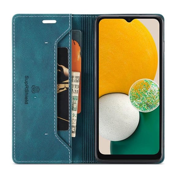 For Samsung Galaxy A13 5G Case RFID Blocking Retro Flip Premium Leather Card Holder Wallet Cover - (Cyan Blue)