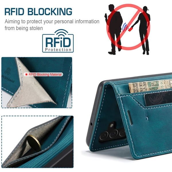 For Samsung Galaxy A13 5G Case RFID Blocking Retro Flip Premium Leather Card Holder Wallet Cover - (Cyan Blue)