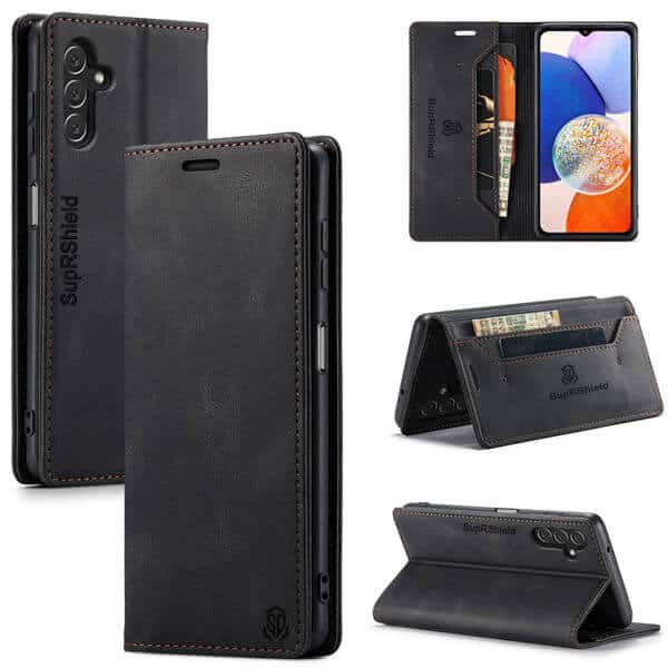 For Samsung Galaxy A14 5G Case RFID Blocking Retro Flip Premium Leather Card Holder Wallet Cover - (Black)