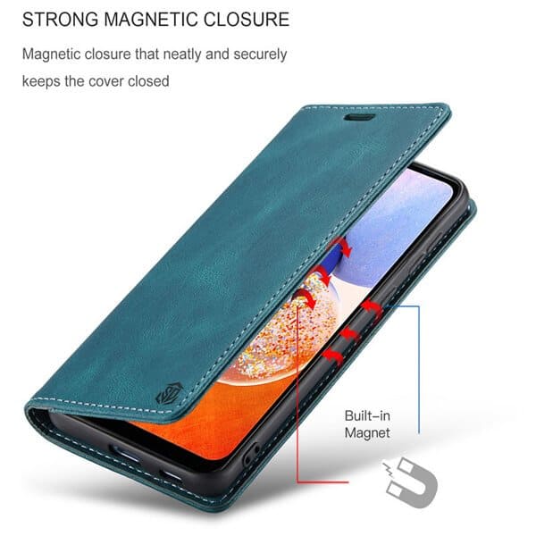 For Samsung Galaxy A14 5G Case RFID Blocking Retro Flip Premium Leather Card Holder Wallet Cover - (Cyan Blue)