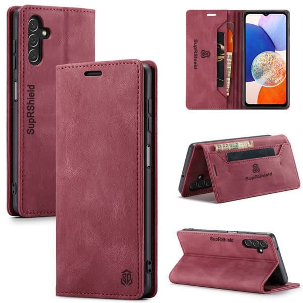 For Samsung Galaxy A14 5G Case RFID Blocking Retro Flip Premium Leather Card Holder Wallet Cover - (Red)